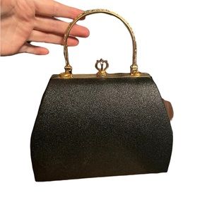 Vintage Black Clamshell Handbag with Gold Hardware